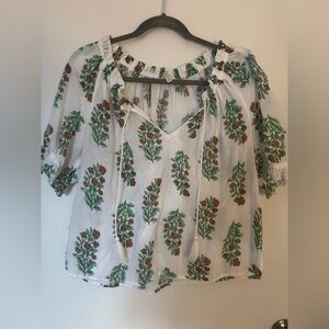 Lucky Brand White Blouse with Green and Brown Floral Design